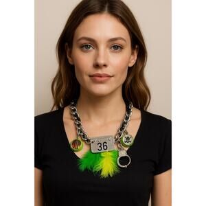 Handmade One-of-a-Kind Statement Necklace | Metal “36” Pendant, feather